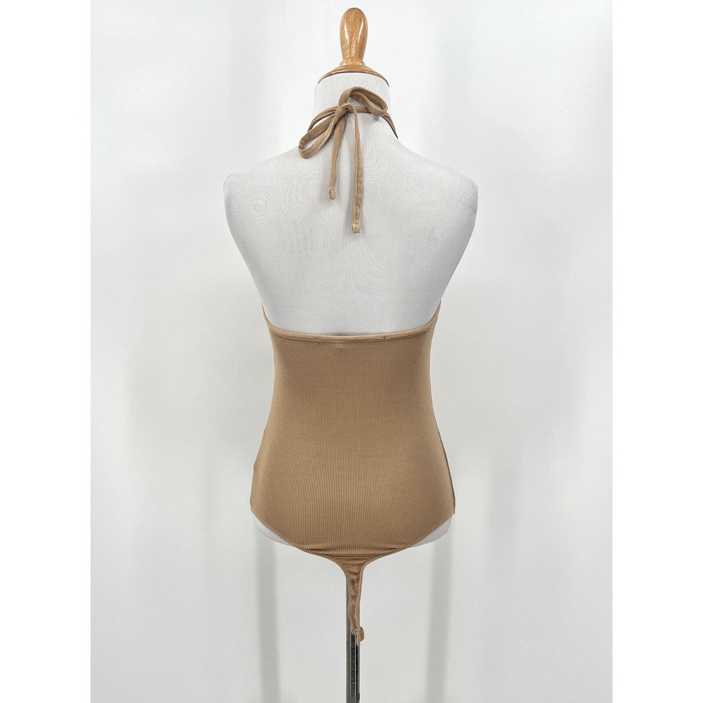 ENZA COSTA Halter Bodysuit Women Medium Tan Ribbed Silk Blend Keyhole Sleeveless - Picture 5 of 13